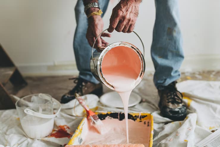 A man pouring pink paint from a can into a bucket in a commercial painting setting.