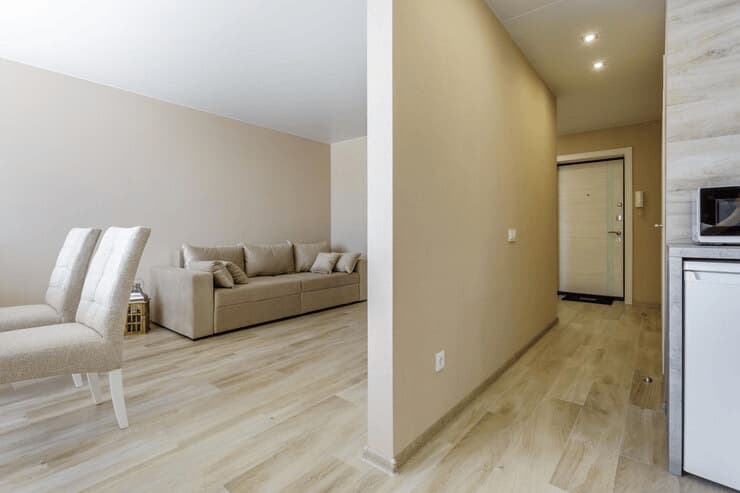 Interior view of a small apartment with an open kitchen and living room, highlighting a functional living space.