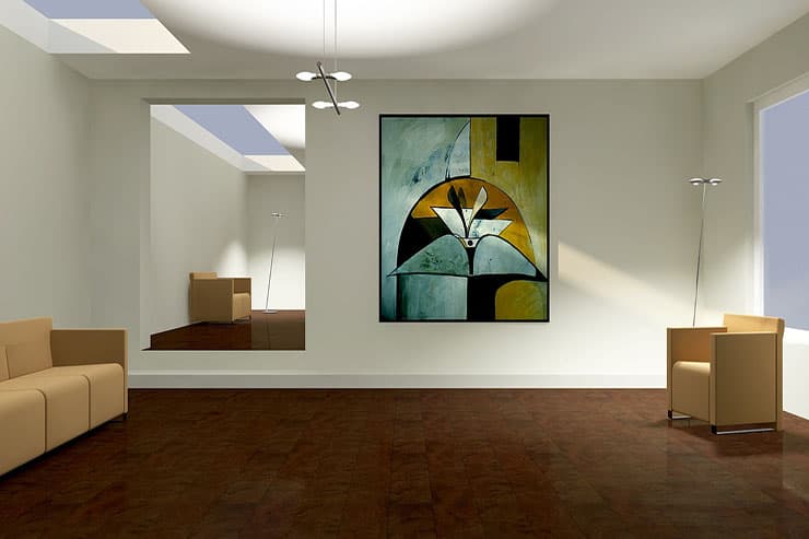 A modern living room featuring a large painting on the wall, showcasing a stylish and inviting atmosphere.