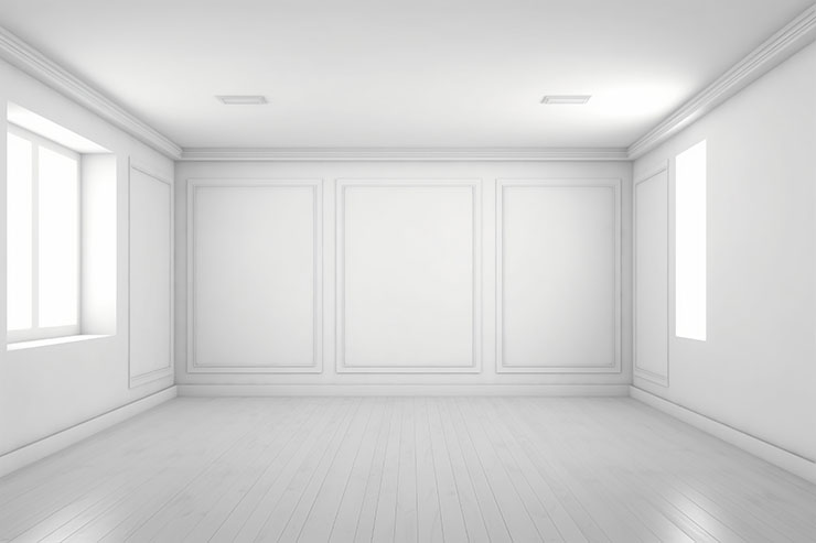 Empty room with white walls and wooden floors, showcasing a fresh coat of paint for rental property preparation.